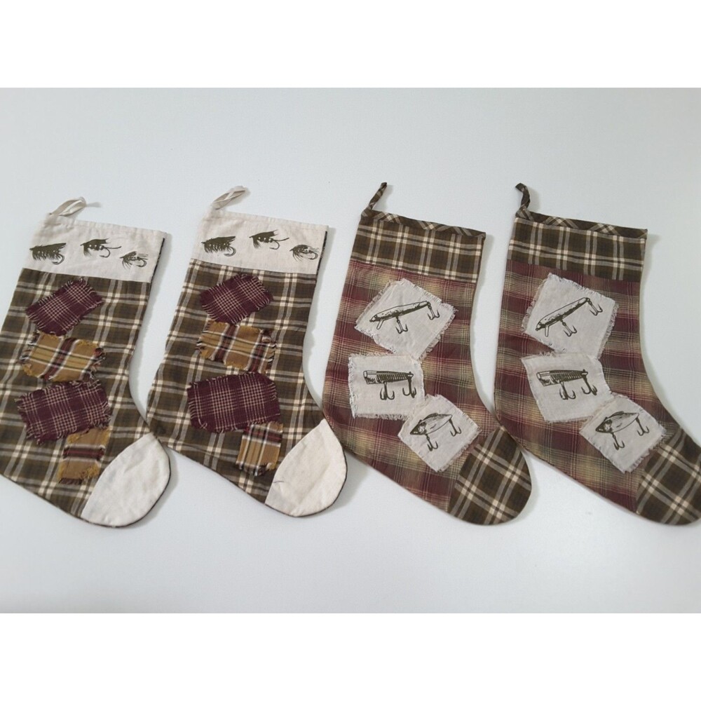 Lot of 4 Victorian Heart Primitive Christmas Stocking Patch Work Angler Fishing
